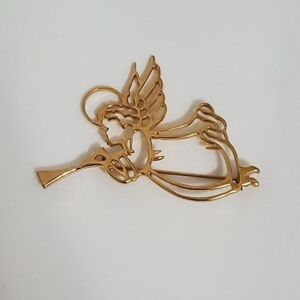 Vintage Gold Tone Trumpet Angel Brooch Pin